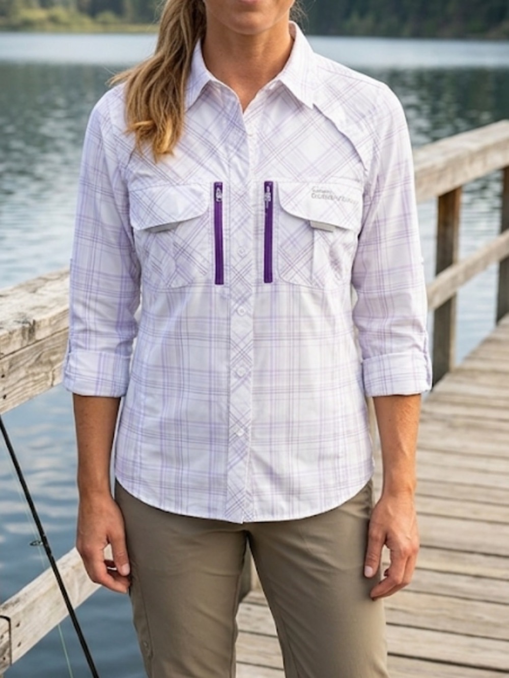 Cabela's White Plaid Button-Down Shirt with Purple Zipper Accents